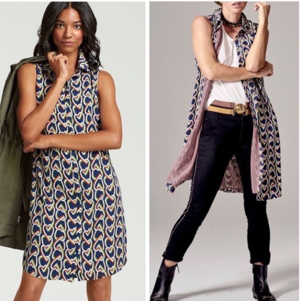CABI heart chain design pattern blur mini midi collar button dress